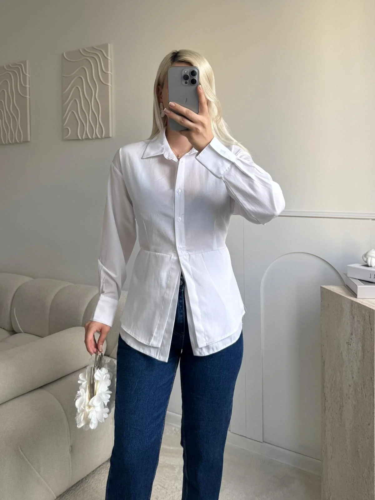 Arkası Bağlamalı Belden Bağlamalı Gömlek - BEYAZ