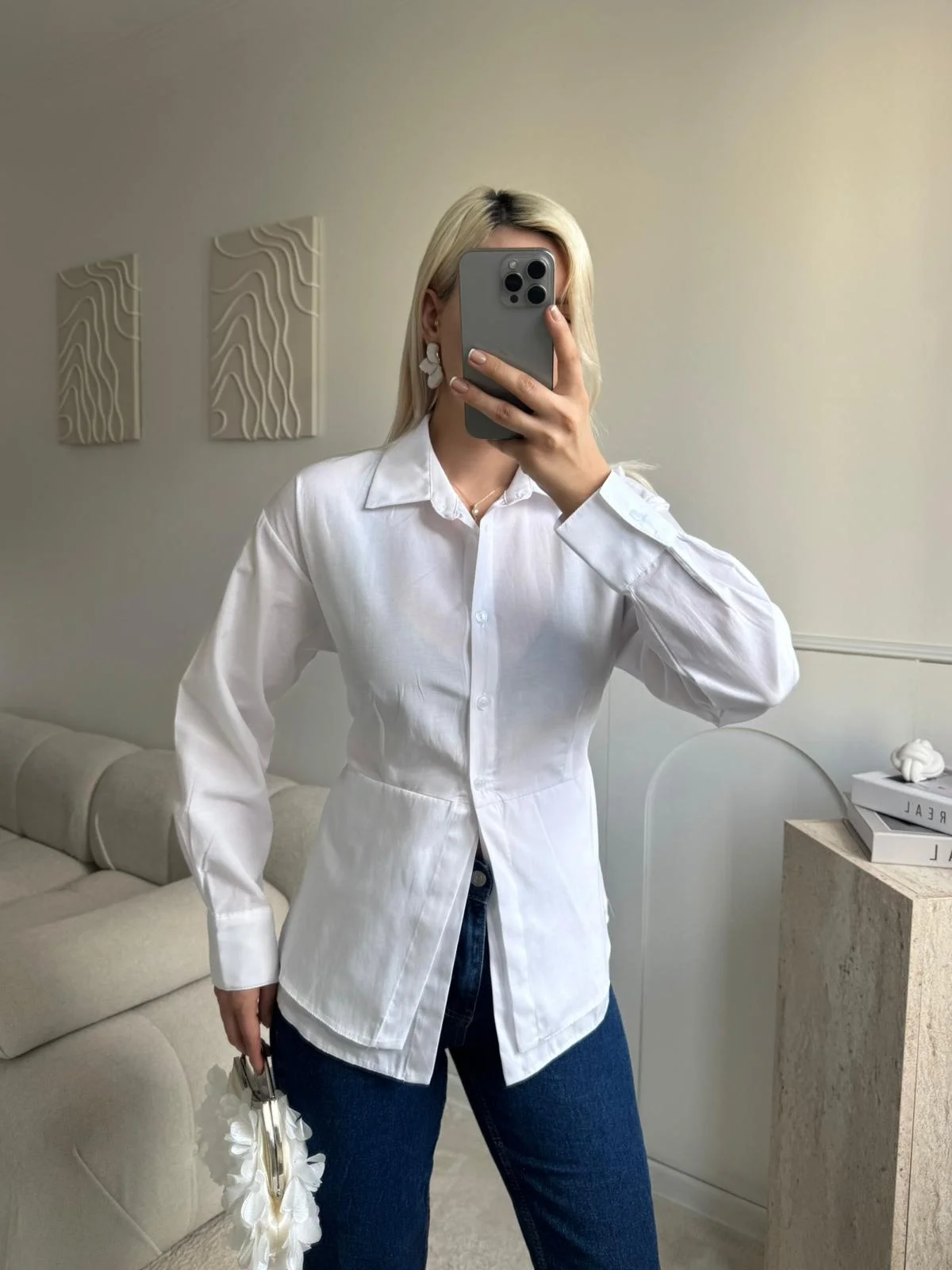 Arkası Bağlamalı Belden Bağlamalı Gömlek - BEYAZ