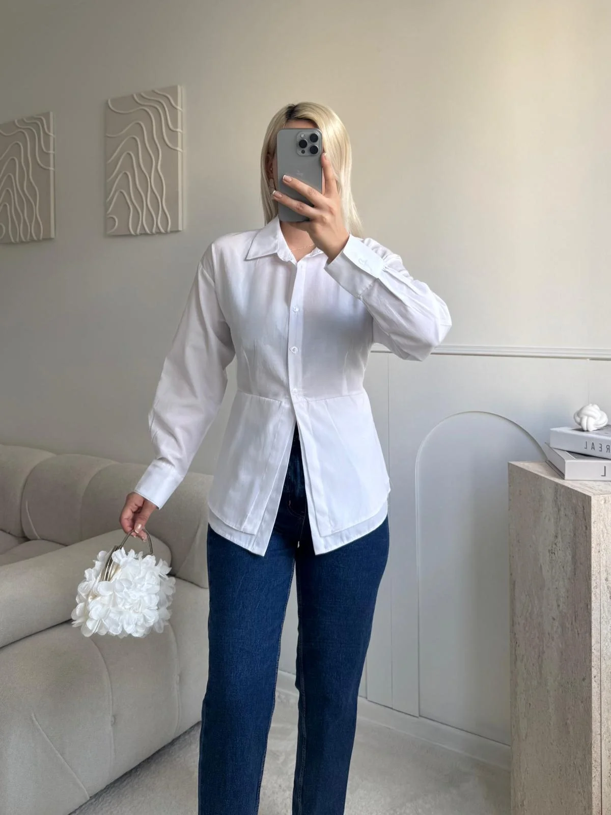 Arkası Bağlamalı Belden Bağlamalı Gömlek - BEYAZ