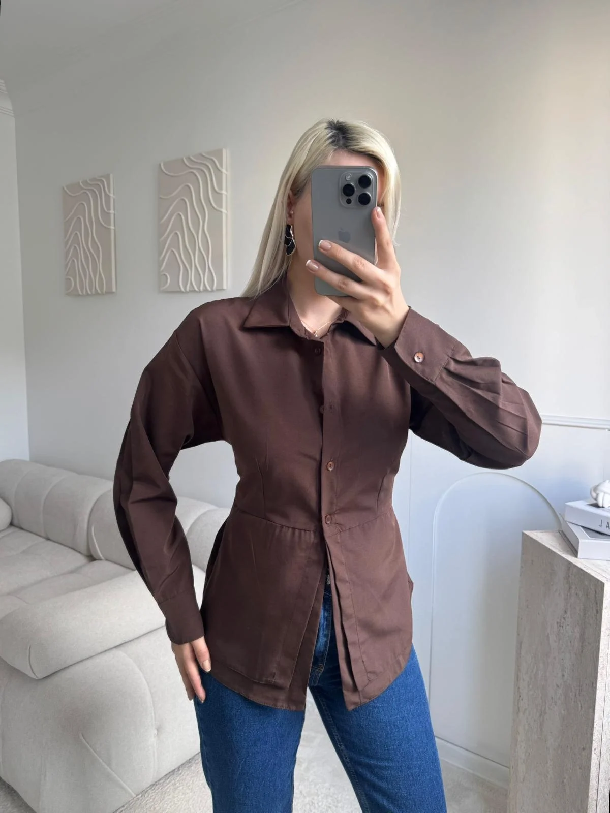 Arkası Bağlamalı Belden Bağlamalı Gömlek - KAHVE