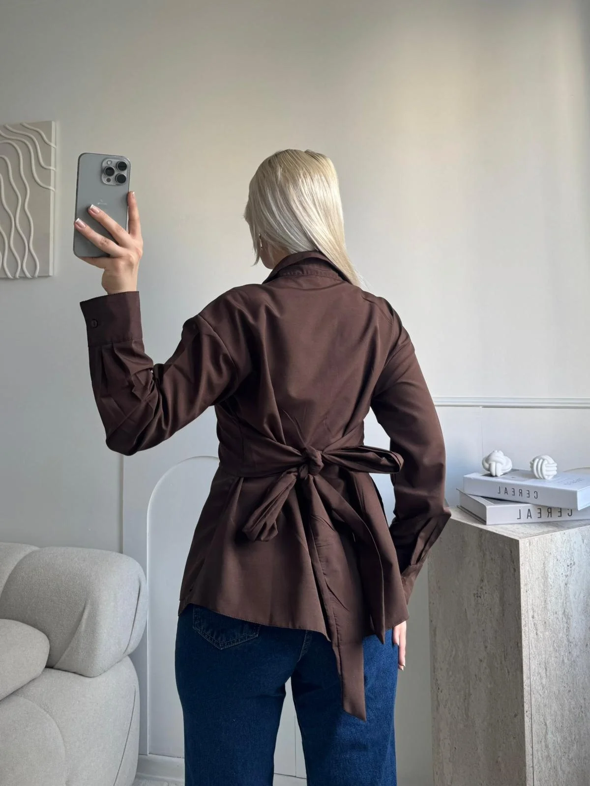 Arkası Bağlamalı Belden Bağlamalı Gömlek - KAHVE