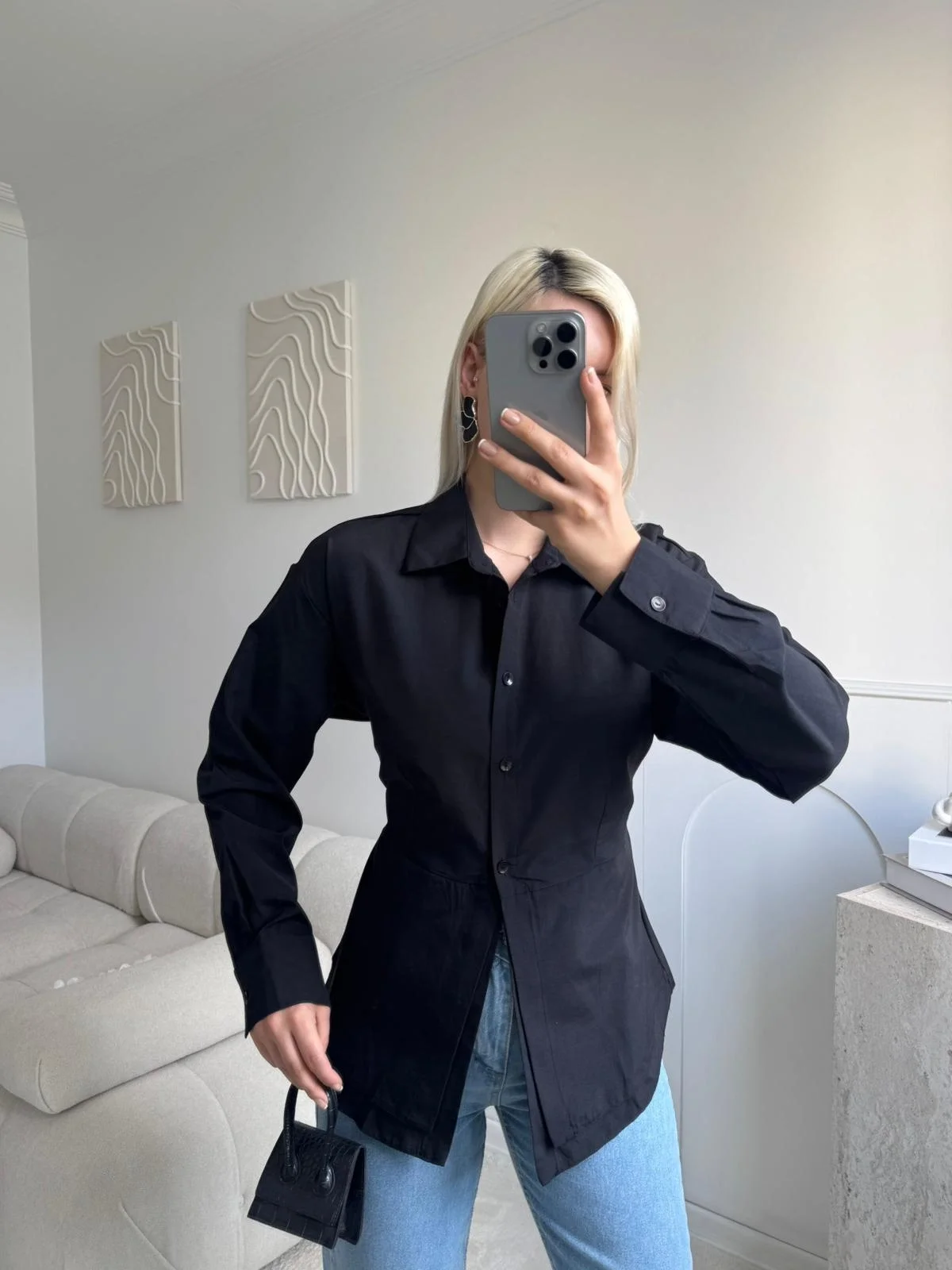 Arkası Bağlamalı Belden Bağlamalı Gömlek - SİYAH