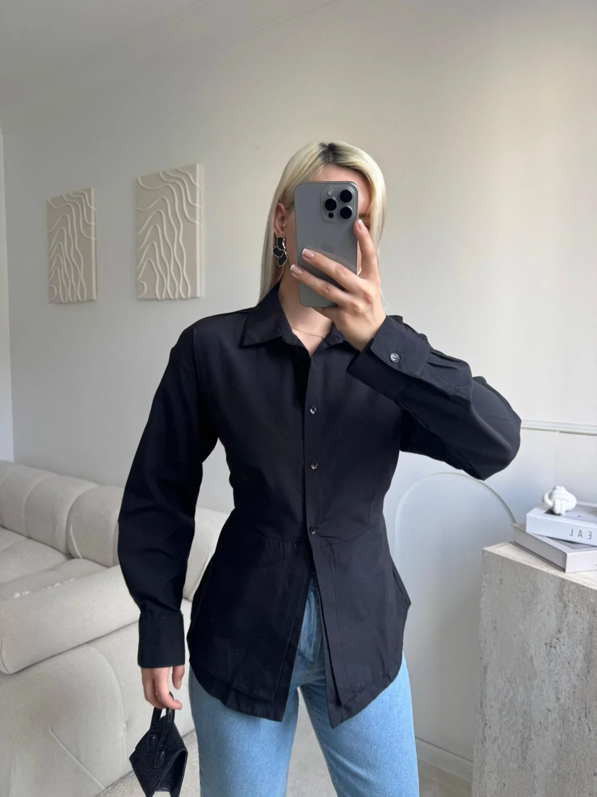 Arkası Bağlamalı Belden Bağlamalı Gömlek - SİYAH