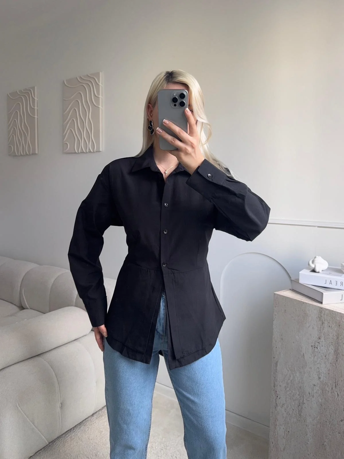 Arkası Bağlamalı Belden Bağlamalı Gömlek - SİYAH