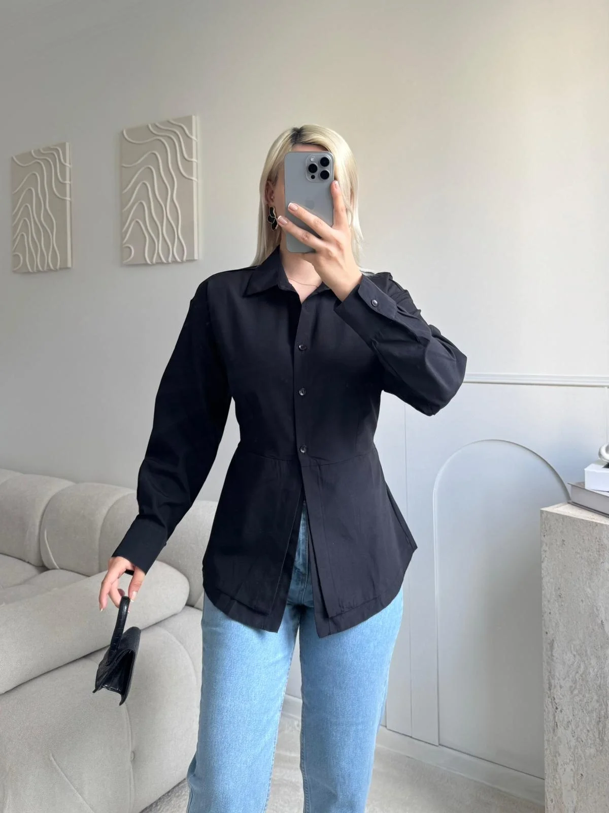 Arkası Bağlamalı Belden Bağlamalı Gömlek - SİYAH