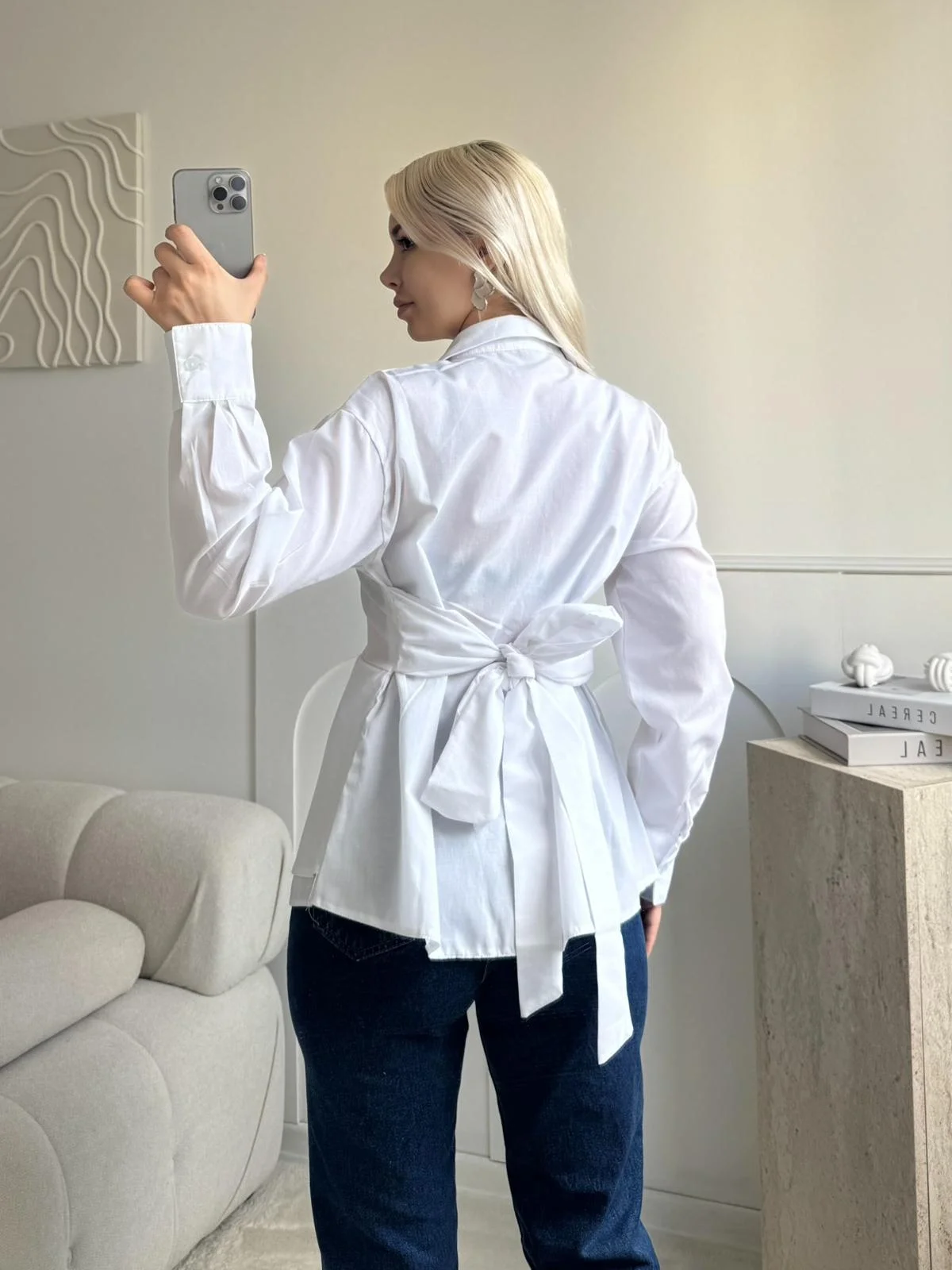 Arkası Bağlamalı Belden Bağlamalı Gömlek - BEYAZ