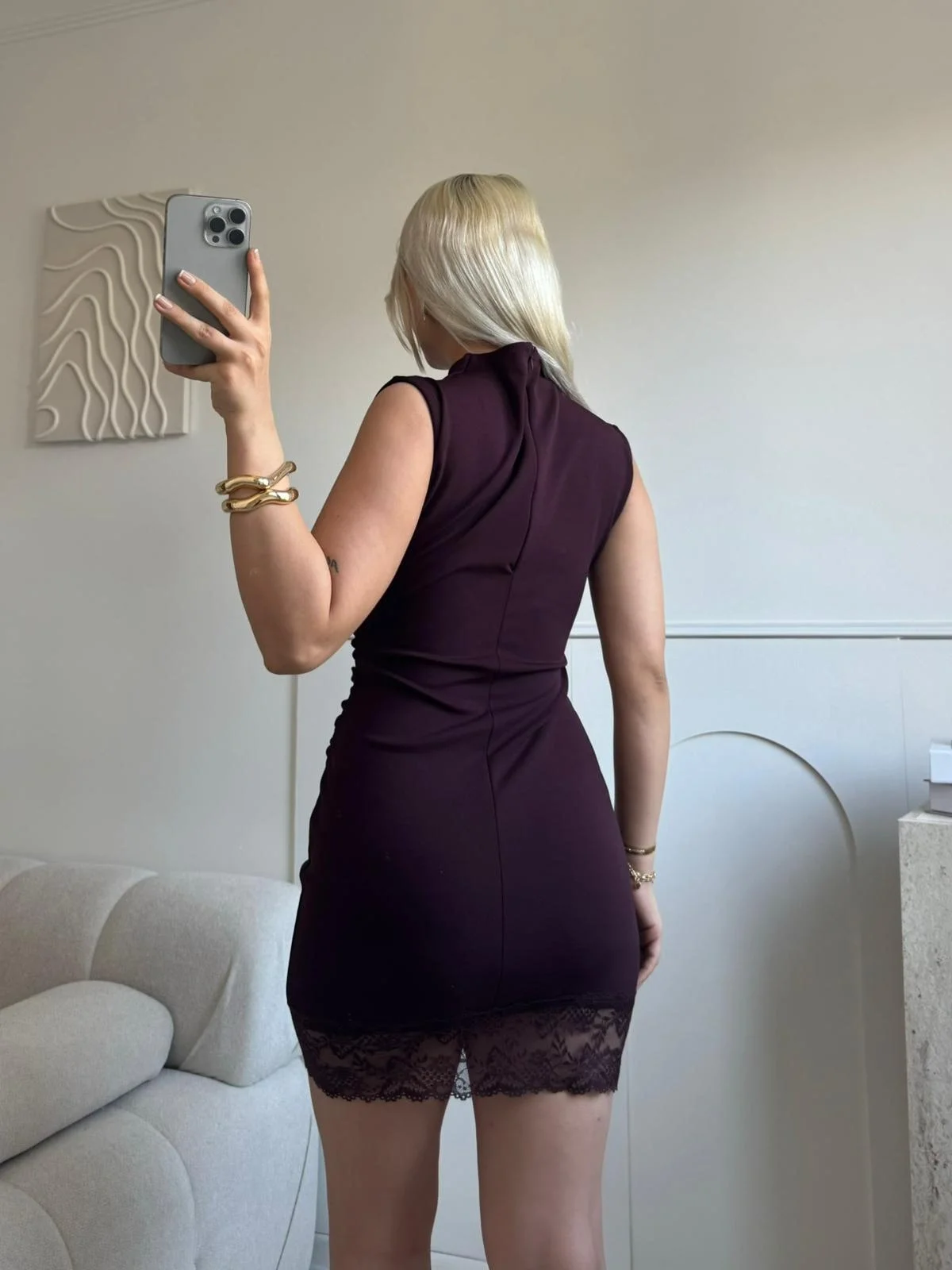 Dantel Detaylı Sırt Fermuar Mini Elbise - KAHVE