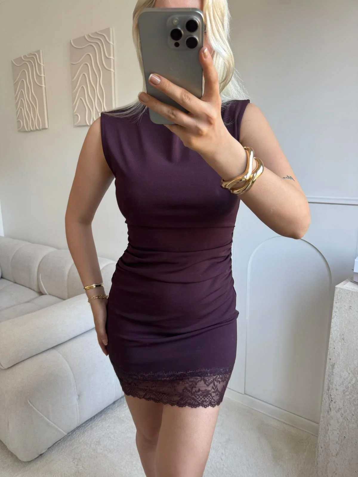 Dantel Detaylı Sırt Fermuar Mini Elbise - KAHVE