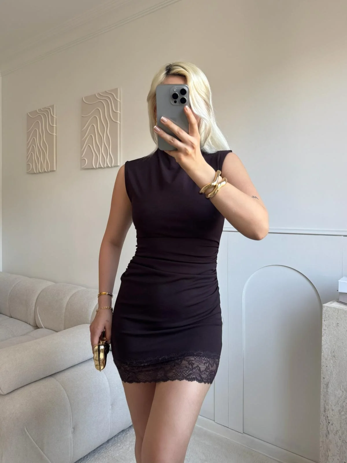 Dantel Detaylı Sırt Fermuar Mini Elbise - KAHVE