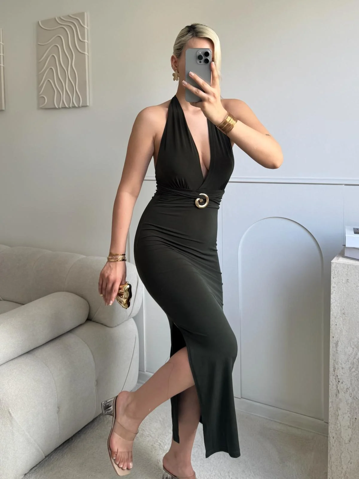 Boyun Bağlamalı Tokalı Uzun Elbise -HAKİ