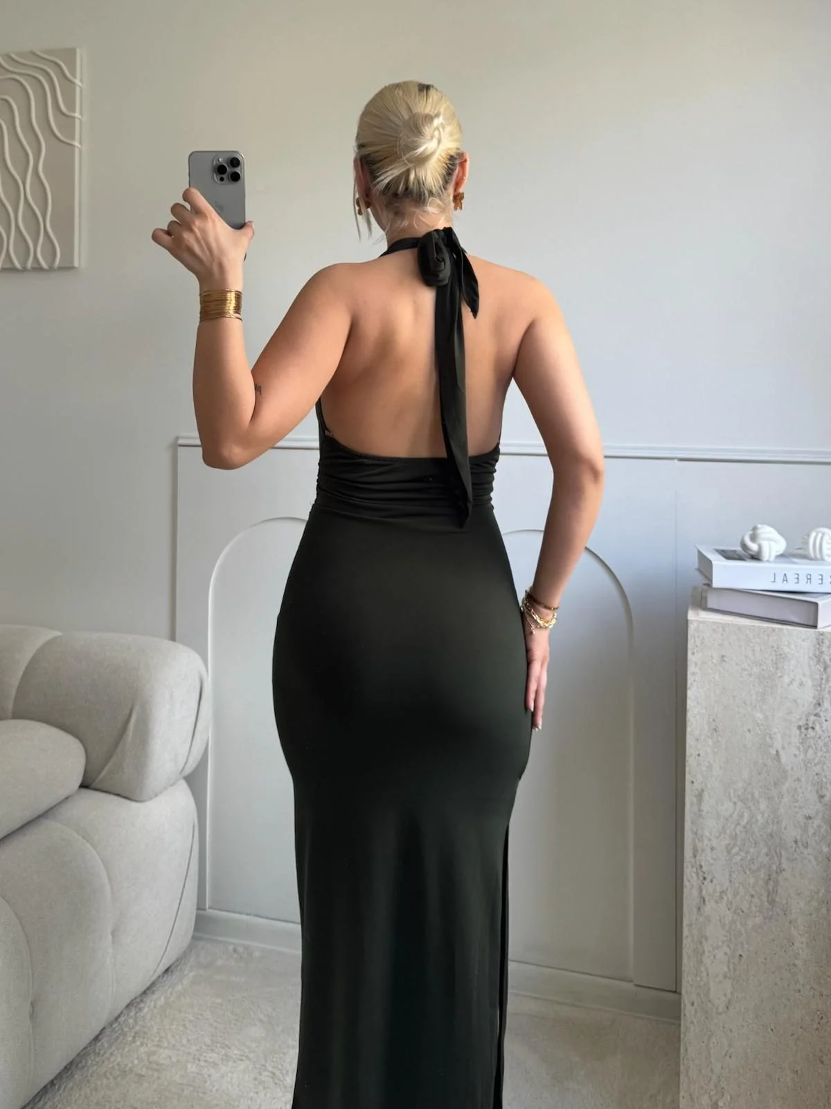 Boyun Bağlamalı Tokalı Uzun Elbise -HAKİ