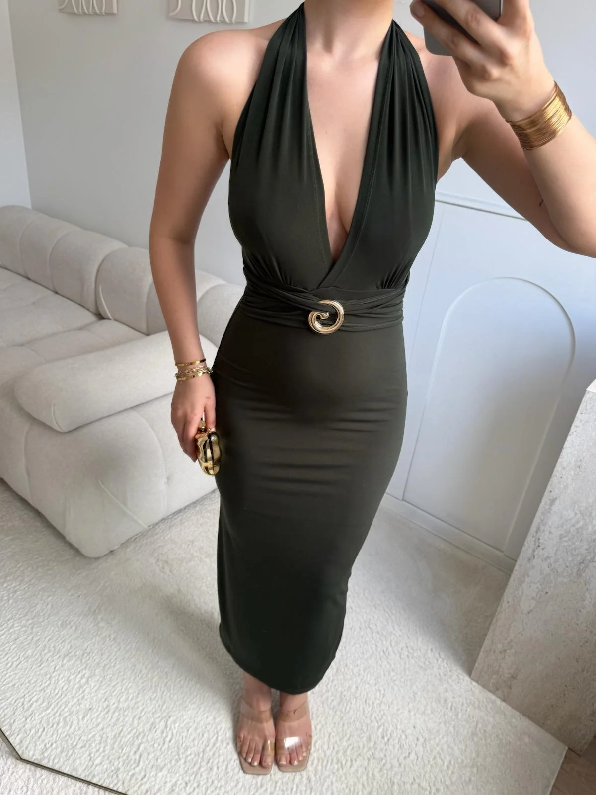 Boyun Bağlamalı Tokalı Uzun Elbise -HAKİ