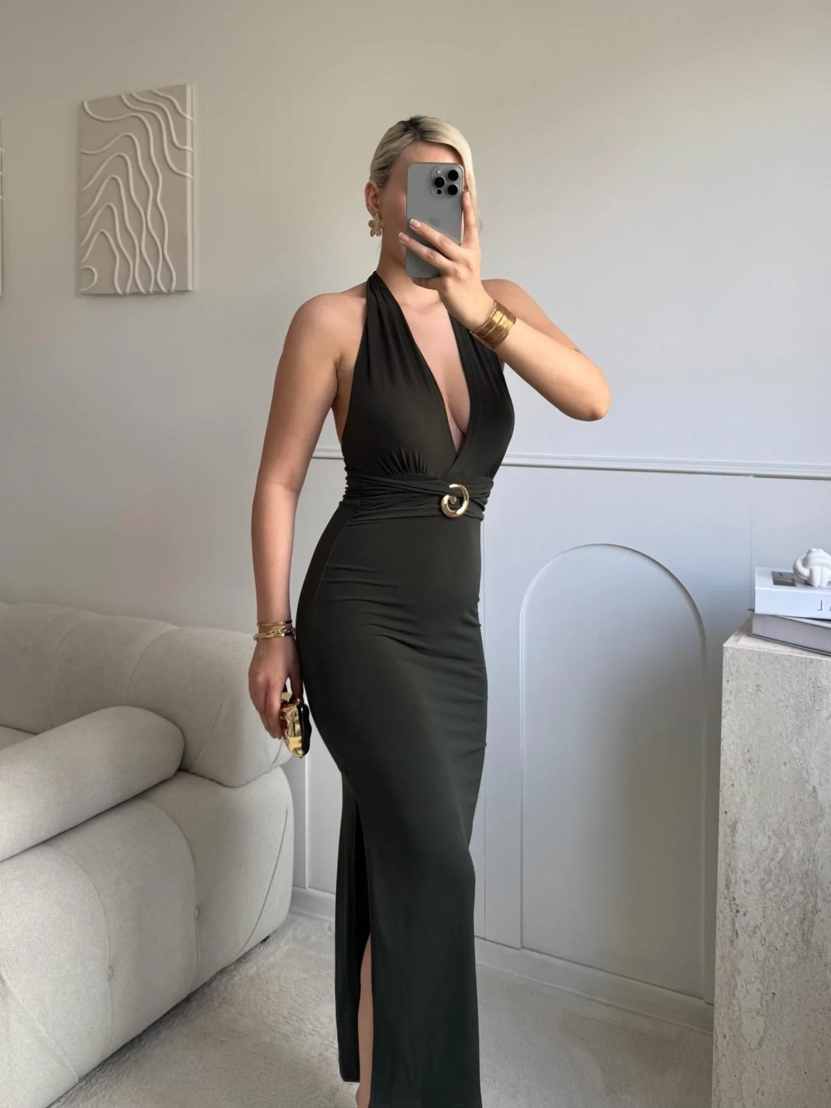 Boyun Bağlamalı Tokalı Uzun Elbise -HAKİ