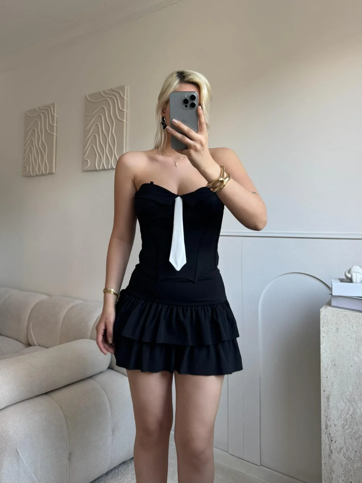 Kravat Detay Straplez Mini Elbise - SİYAH