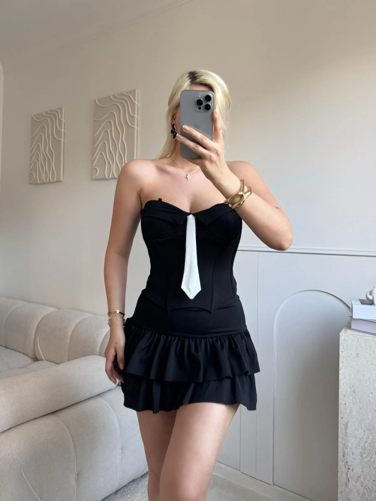 Kravat Detay Straplez Mini Elbise - SİYAH