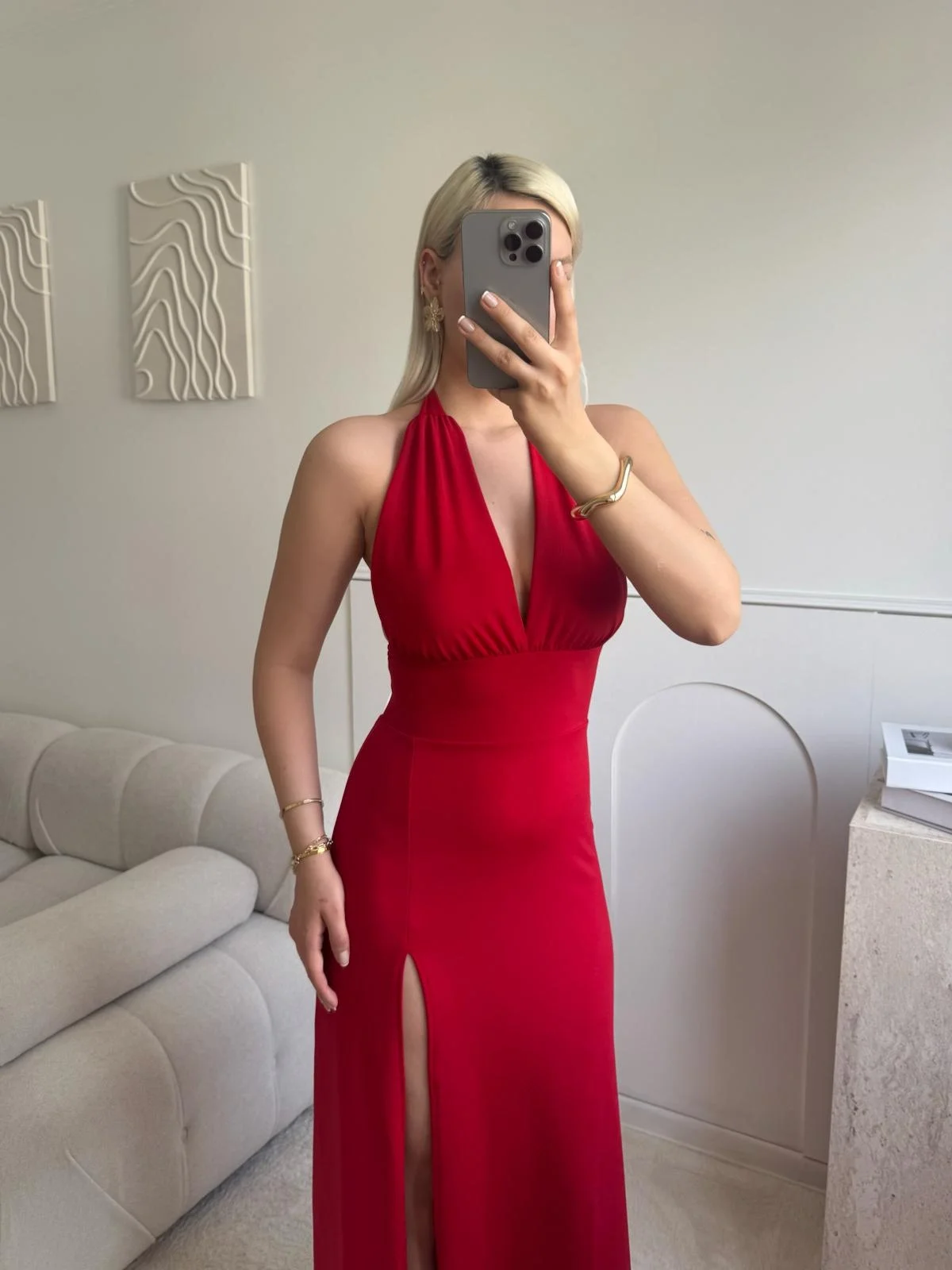 Halter Yaka Sırt Bağlamalı Yırtmaçlı Maxi Elbise - KIRMIZI