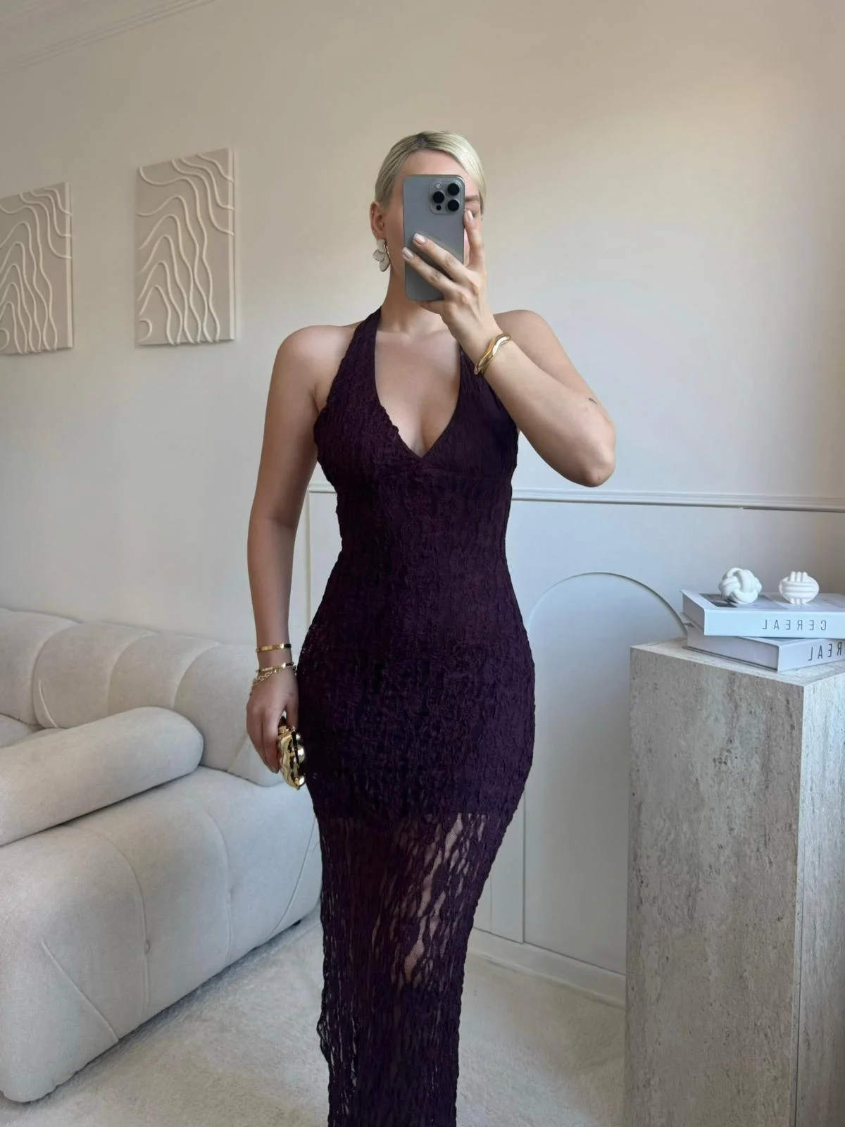 Boyun Bağlamalı Güpürlü Elbise - BORDO