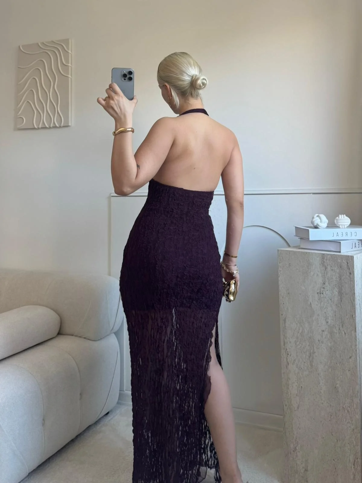 Boyun Bağlamalı Güpürlü Elbise - BORDO