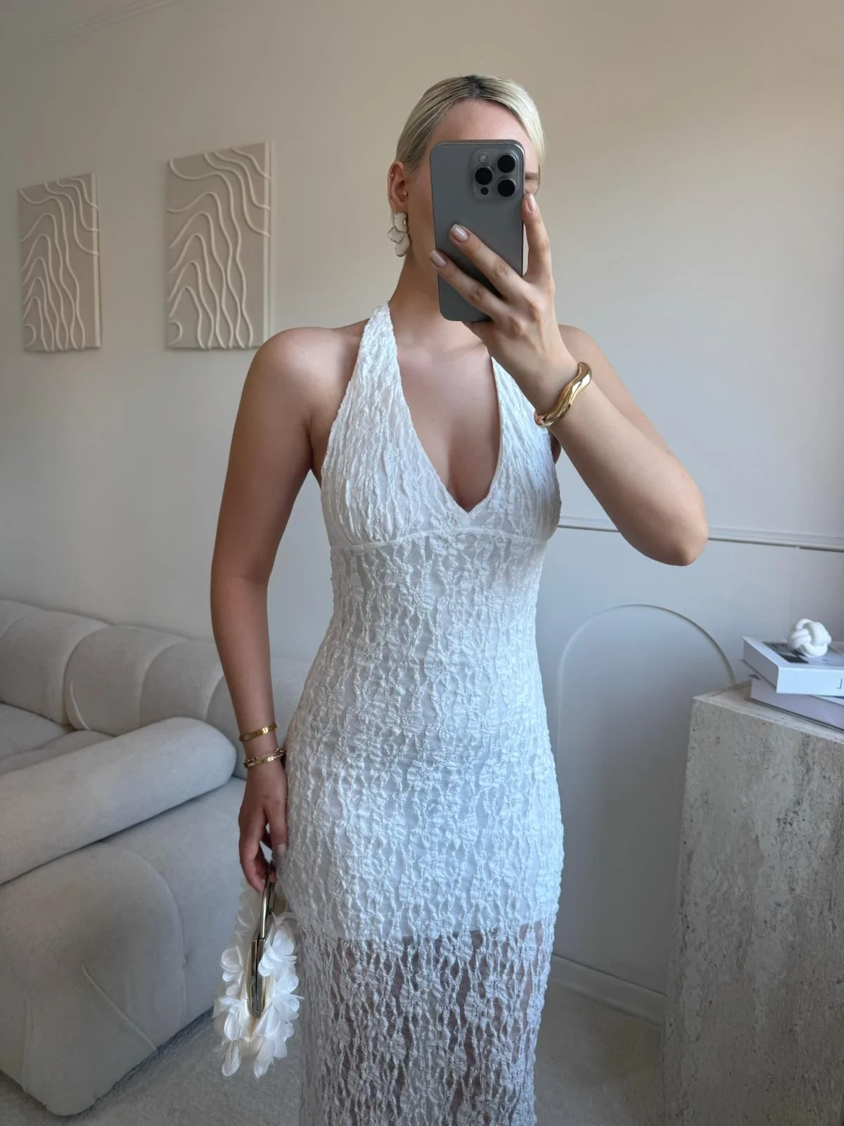 Boyun Bağlamalı Güpürlü Elbise - BEYAZ