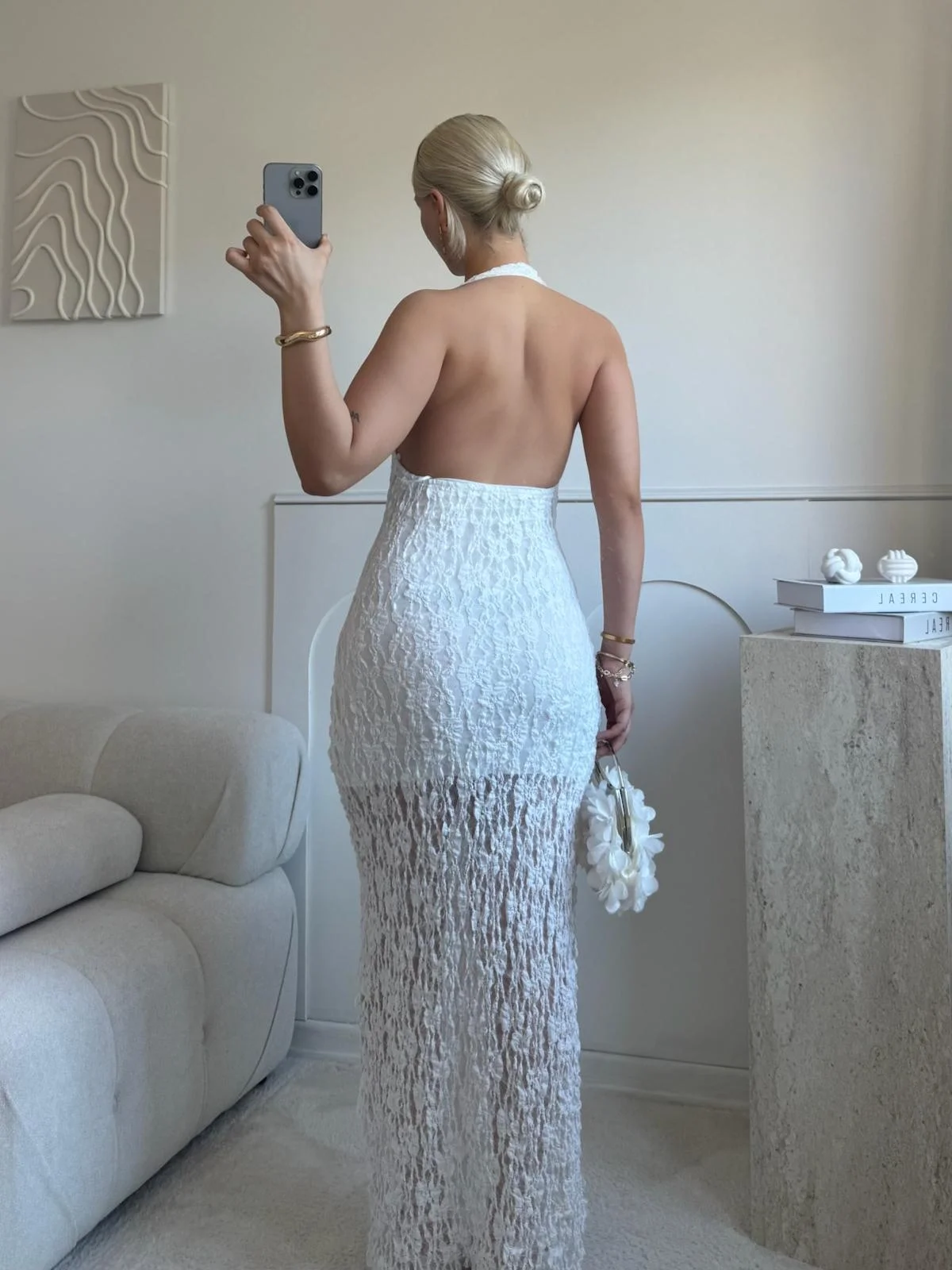 Boyun Bağlamalı Güpürlü Elbise - BEYAZ