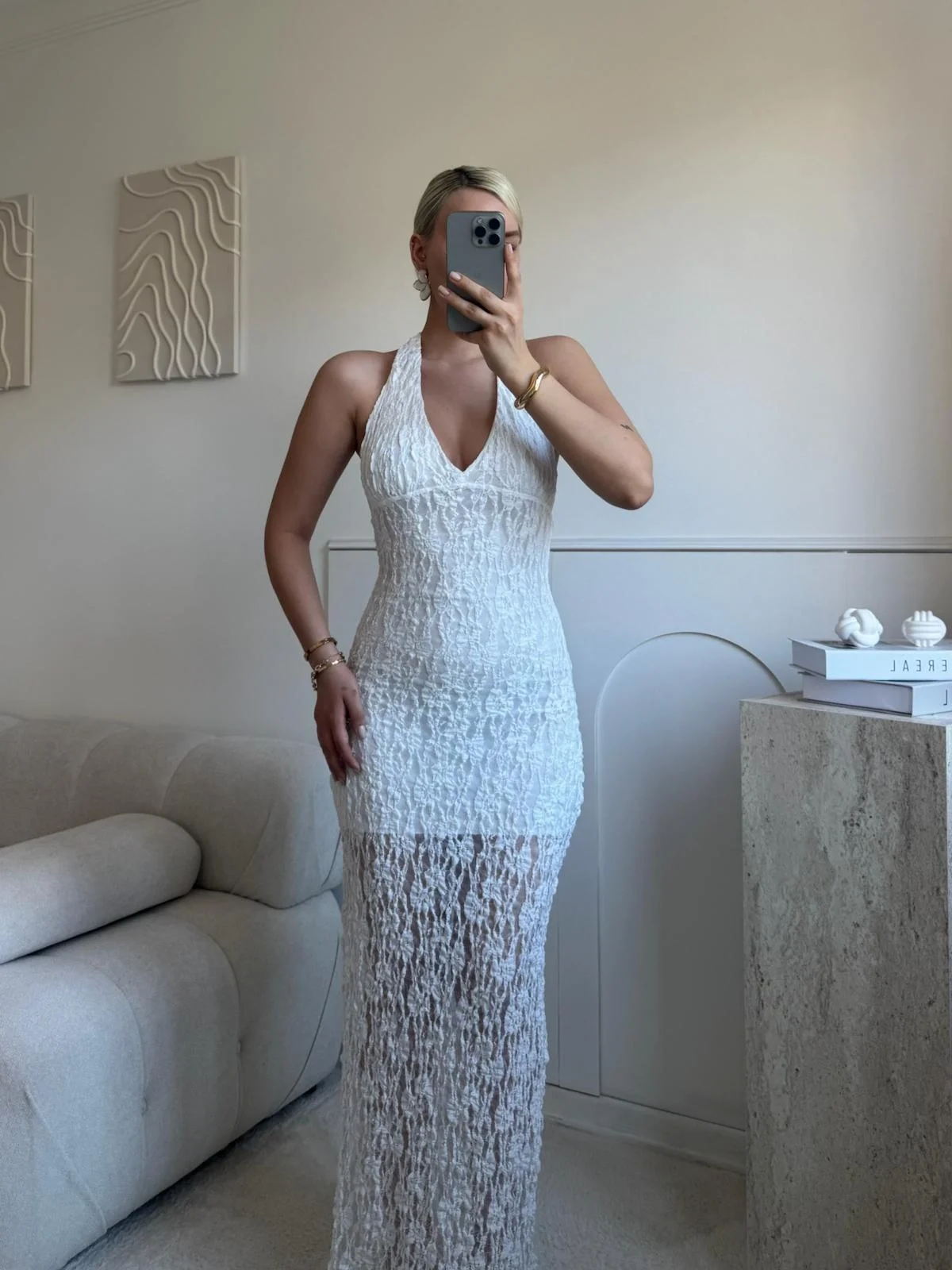 Boyun Bağlamalı Güpürlü Elbise - BEYAZ