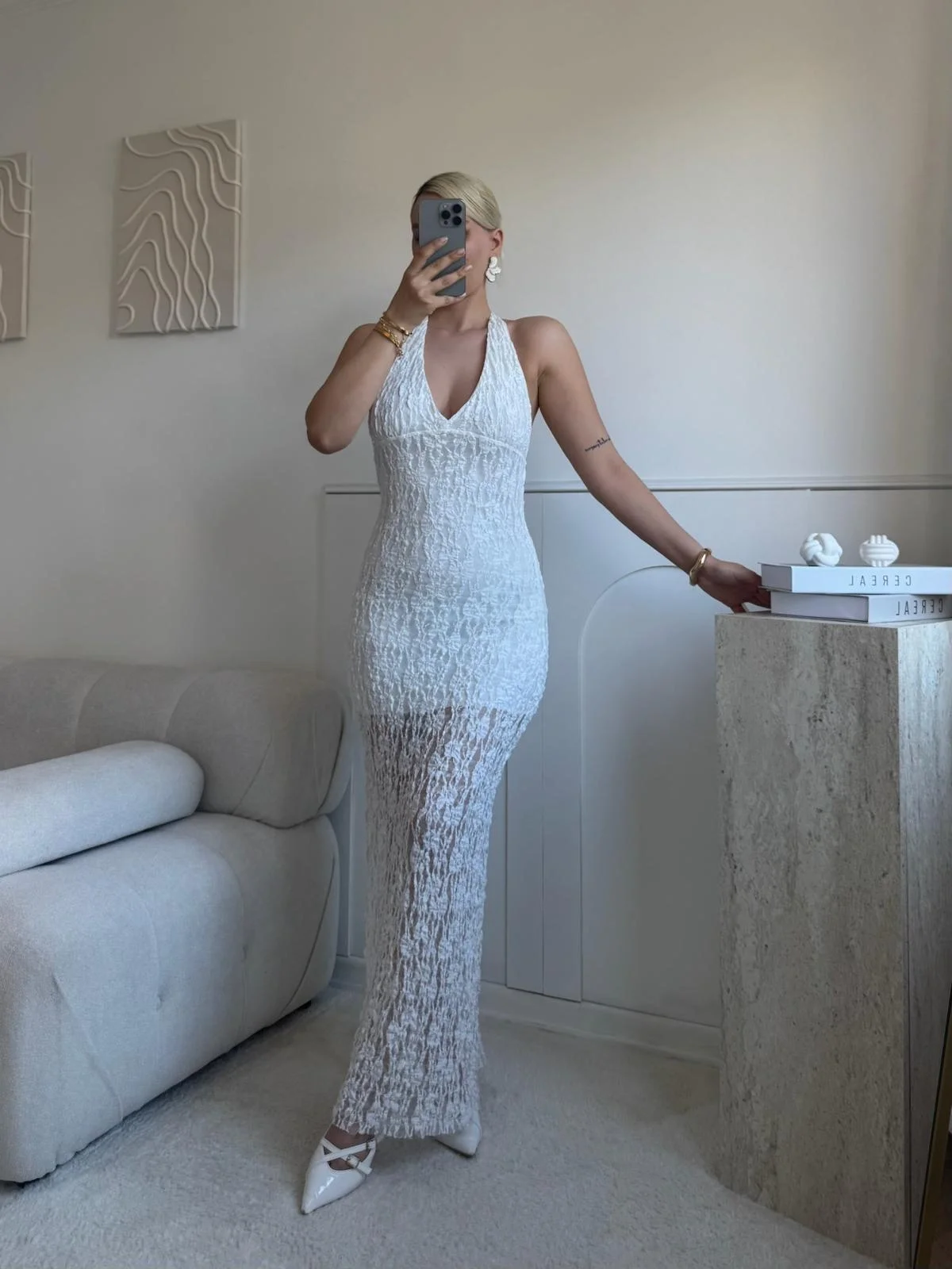 Boyun Bağlamalı Güpürlü Elbise - BEYAZ