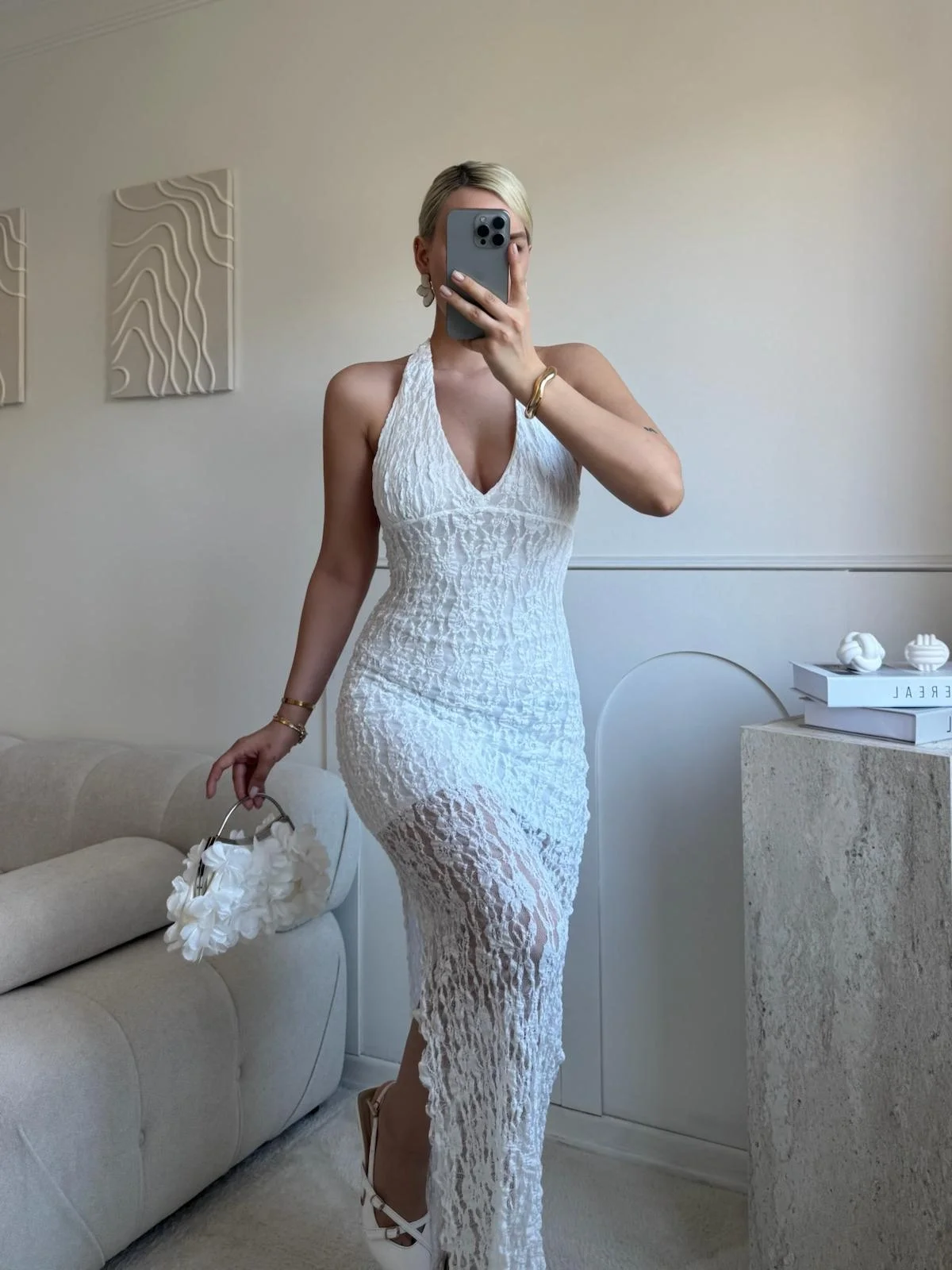 Boyun Bağlamalı Güpürlü Elbise - BEYAZ