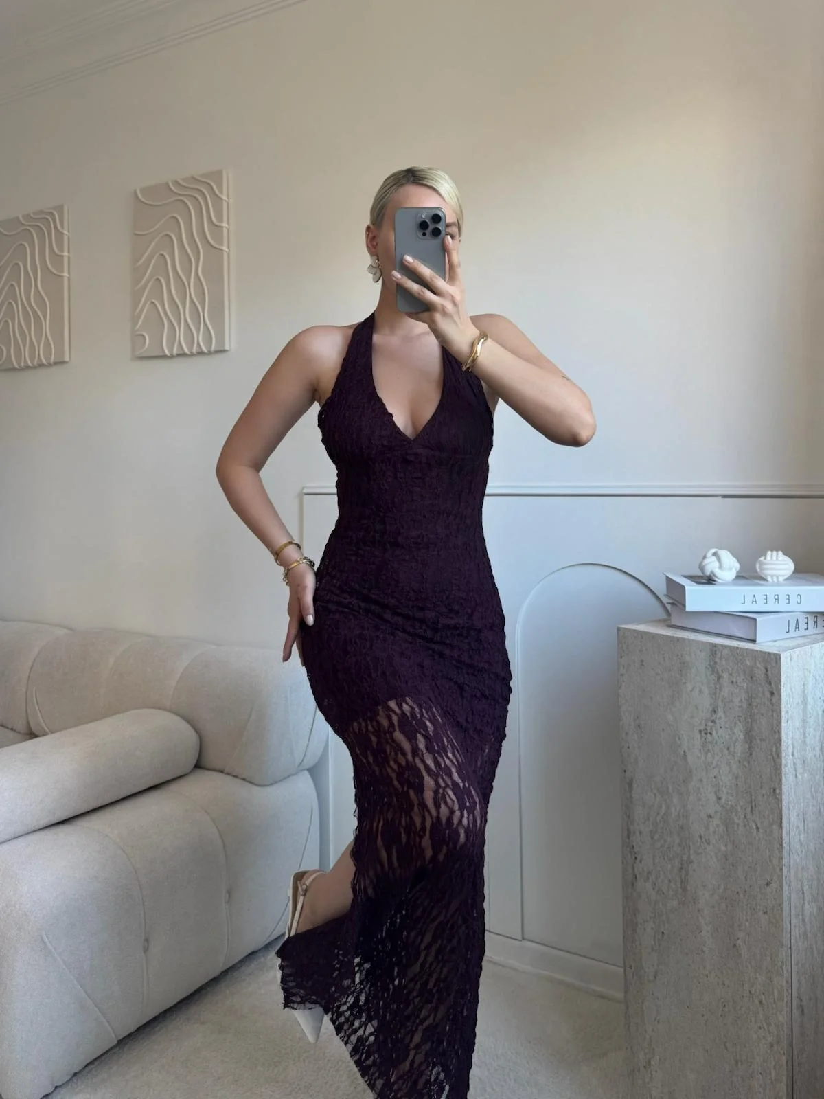 Boyun Bağlamalı Güpürlü Elbise - SİYAH