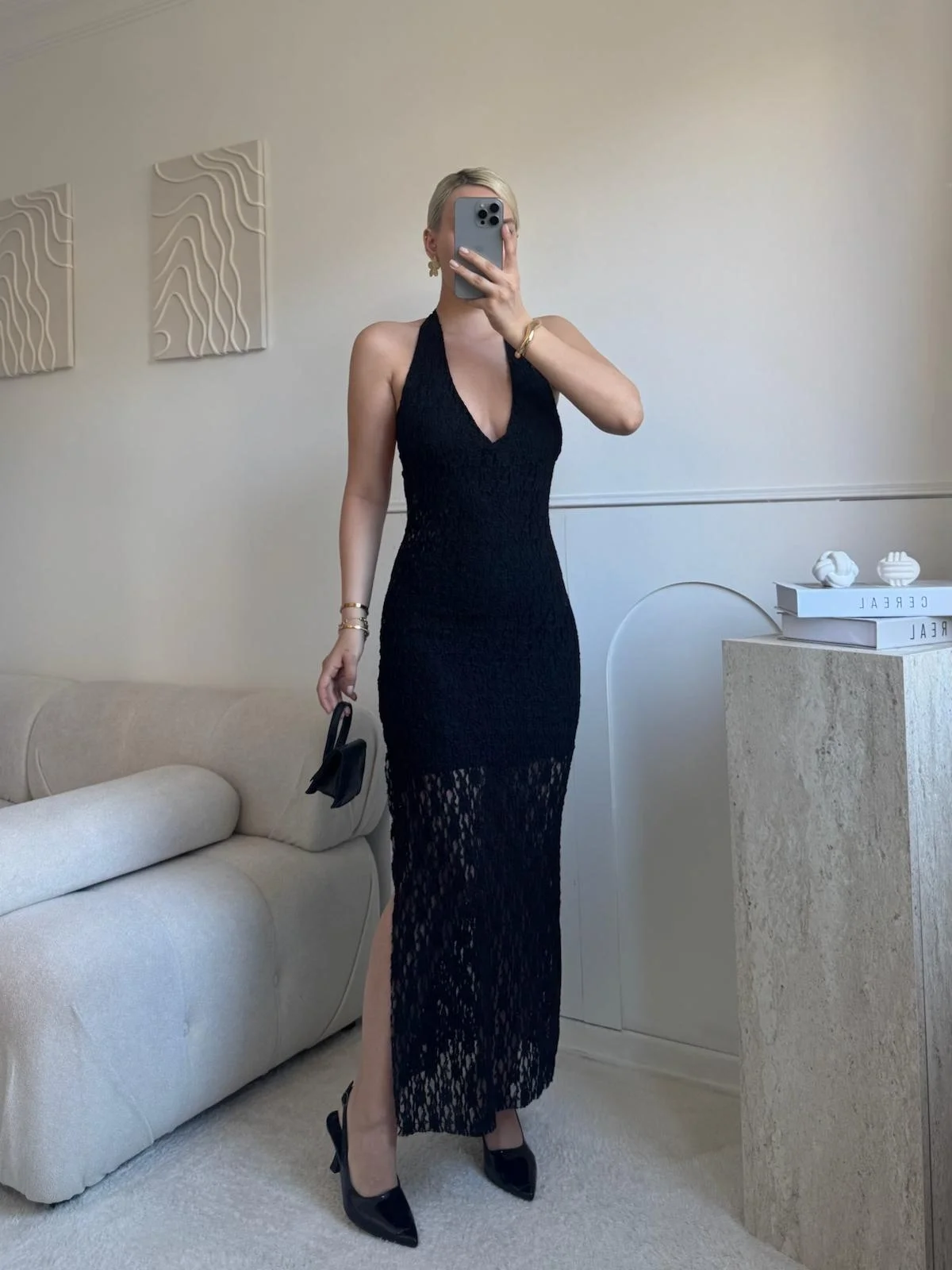 Boyun Bağlamalı Güpürlü Elbise - SİYAH