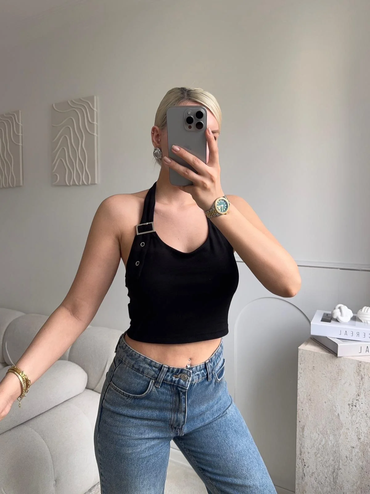 Boyun Kemerli Crop - SİYAH