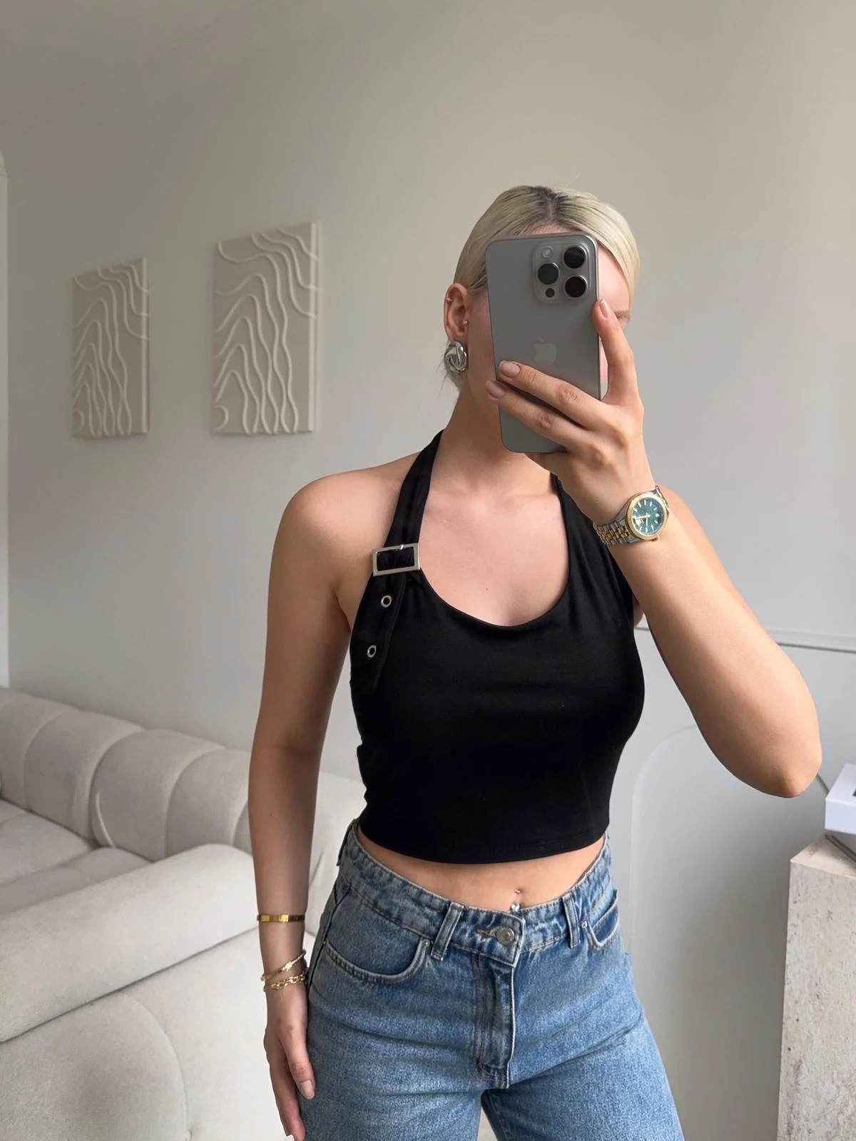 Boyun Kemerli Crop - SİYAH