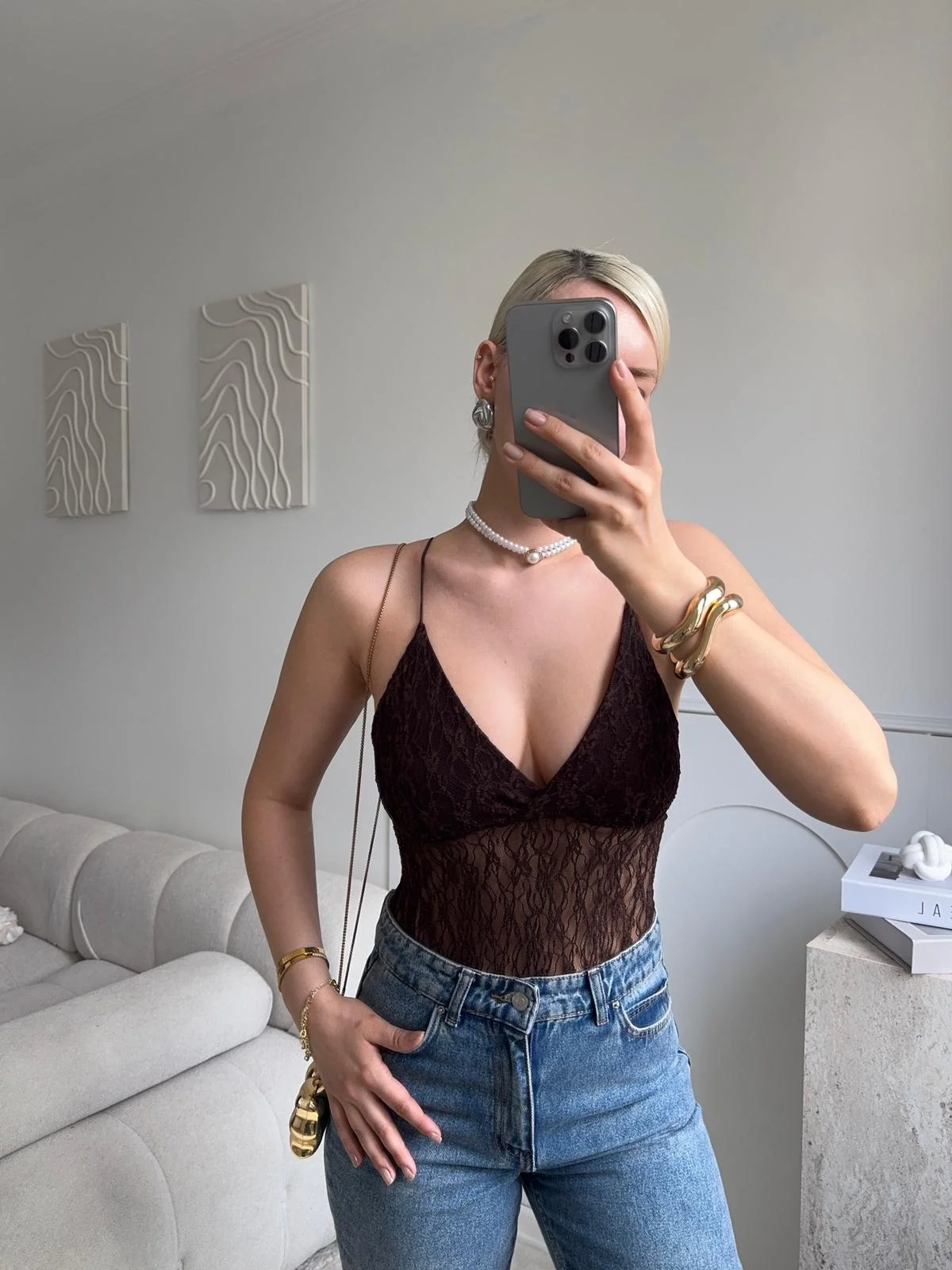 Askılı Dantel Bodysuit - KAHVE