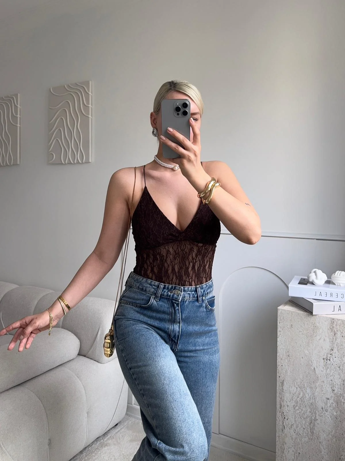 Askılı Dantel Bodysuit - KAHVE