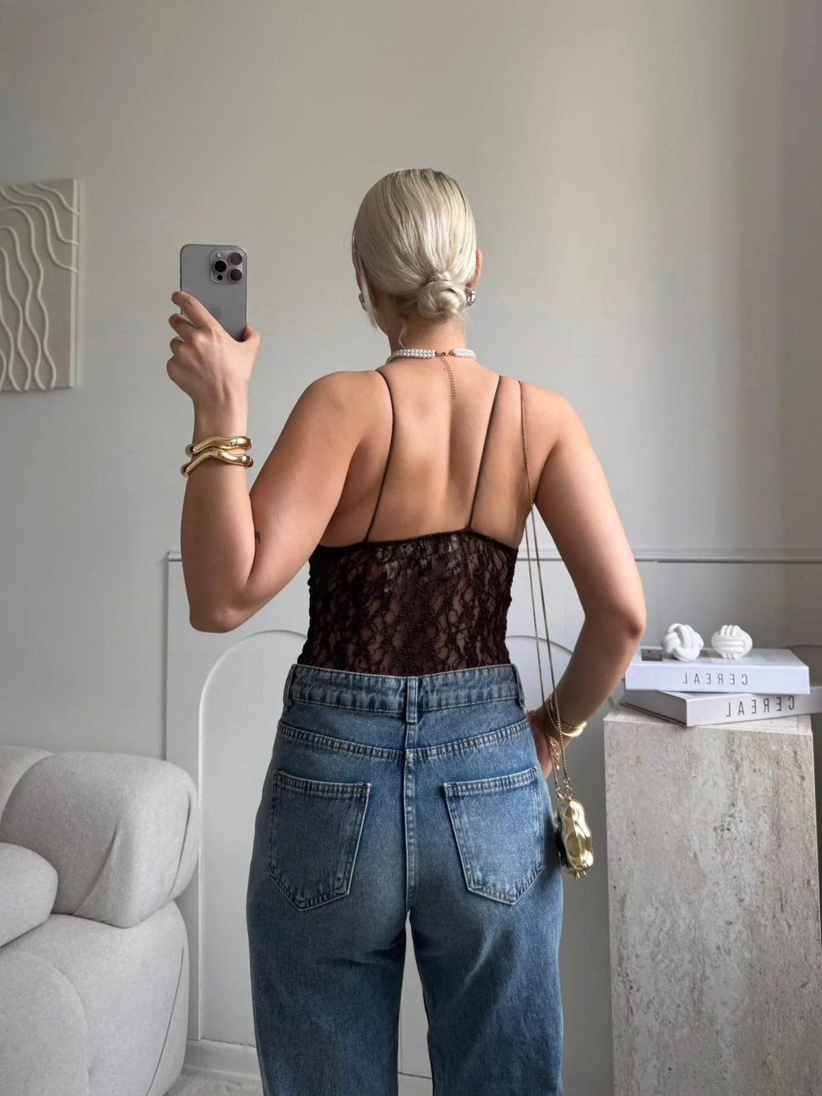 Askılı Dantel Bodysuit - KAHVE