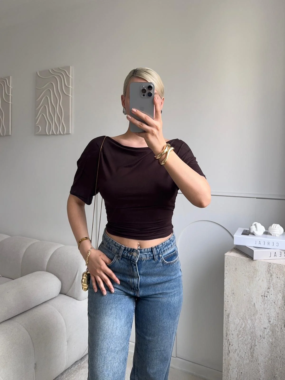 Kayık Yaka Bluz - KAHVE