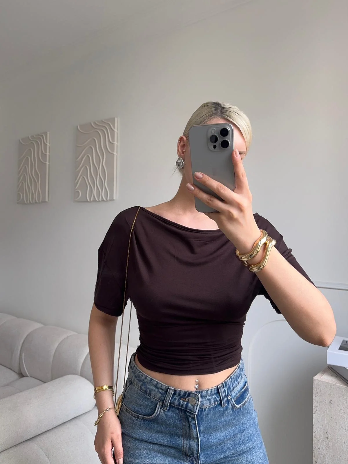 Kayık Yaka Bluz - KAHVE