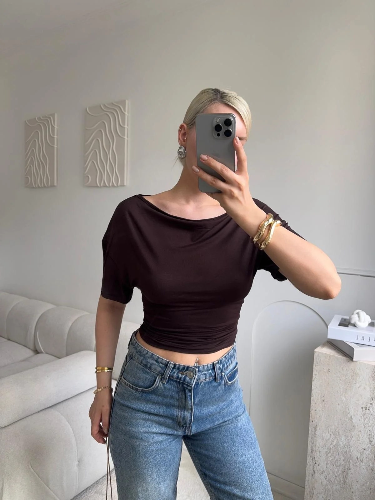 Kayık Yaka Bluz - KAHVE