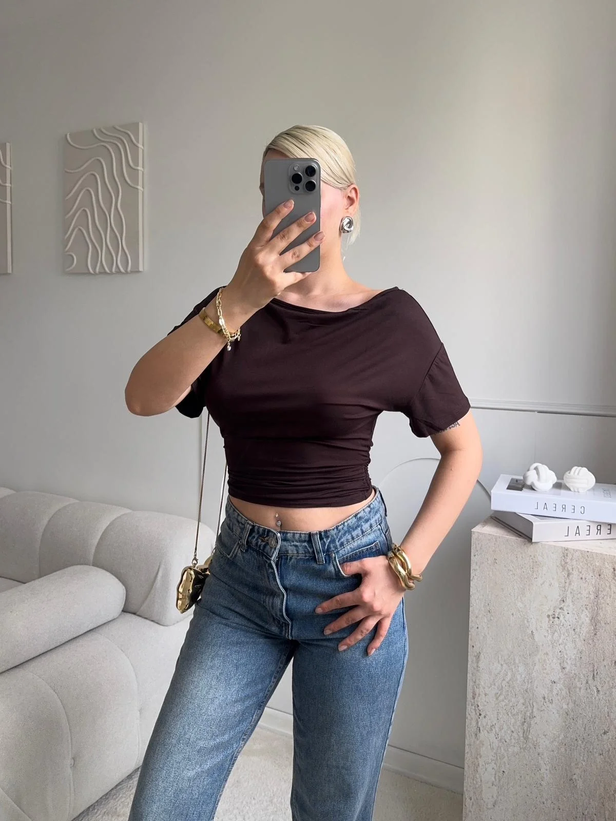 Kayık Yaka Bluz - KAHVE