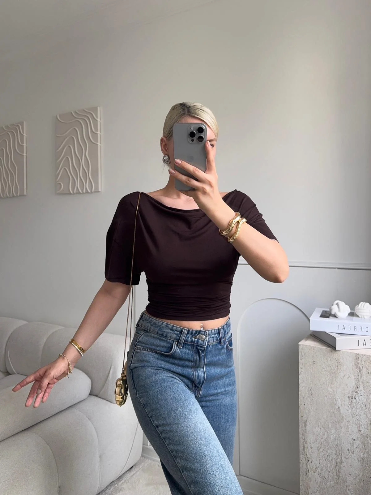 Kayık Yaka Bluz - KAHVE