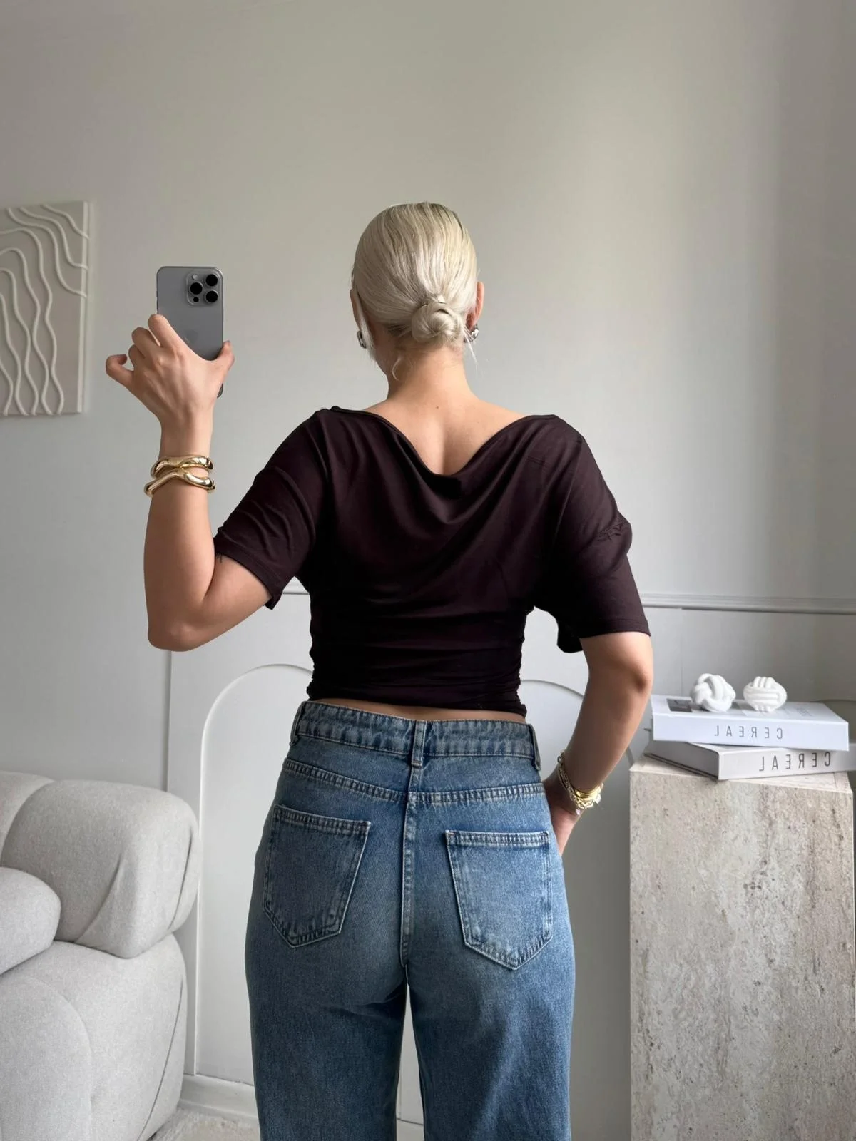 Kayık Yaka Bluz - KAHVE