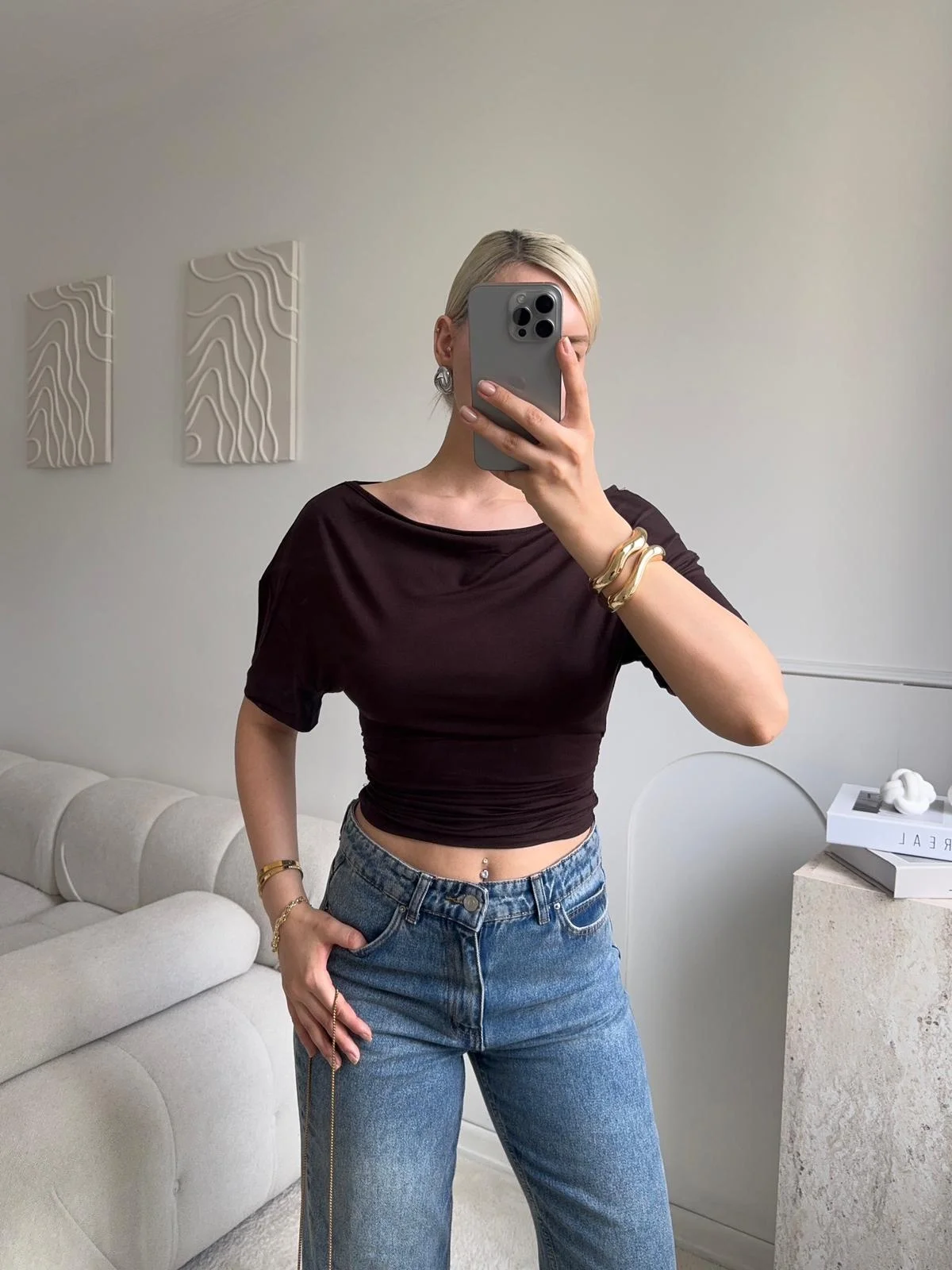 Kayık Yaka Bluz - KAHVE