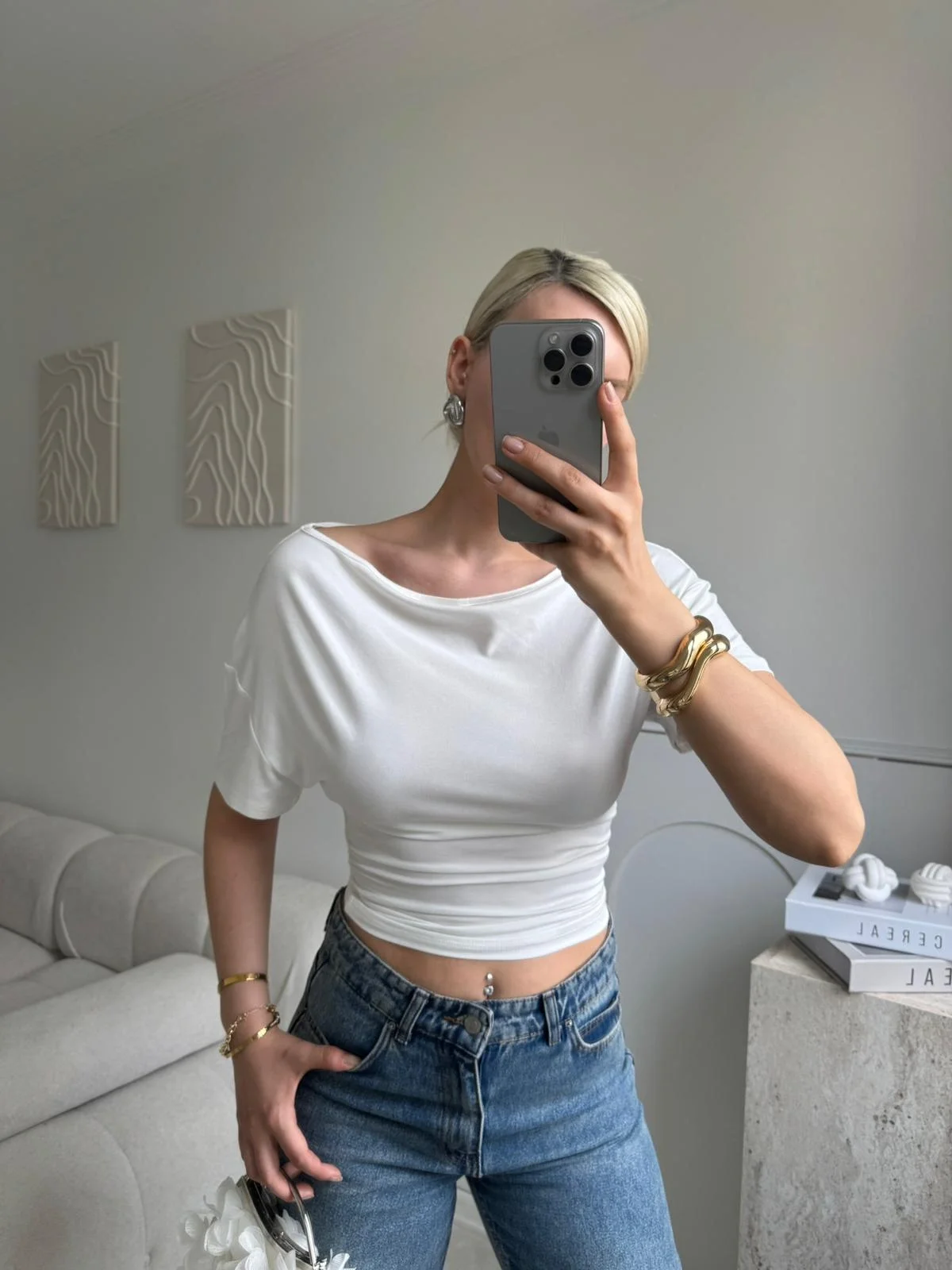 Kayık Yaka Bluz - BEYAZ