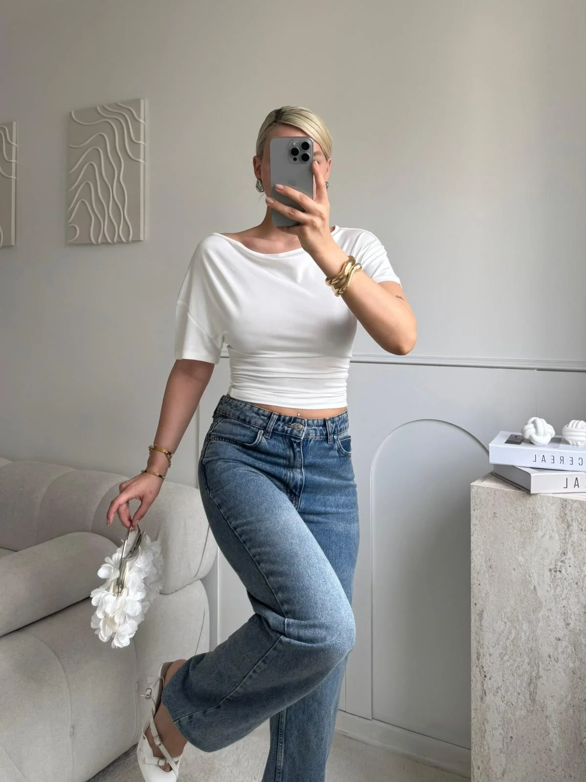 Kayık Yaka Bluz - BEYAZ