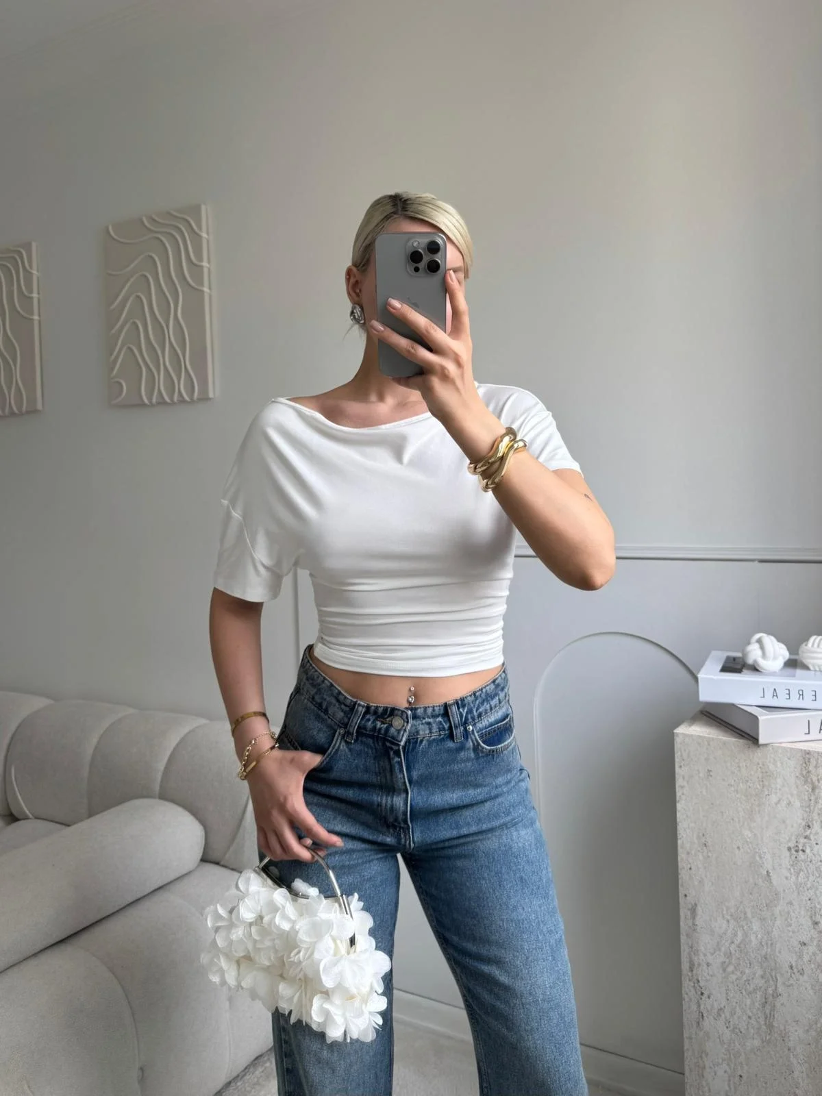 Kayık Yaka Bluz - BEYAZ