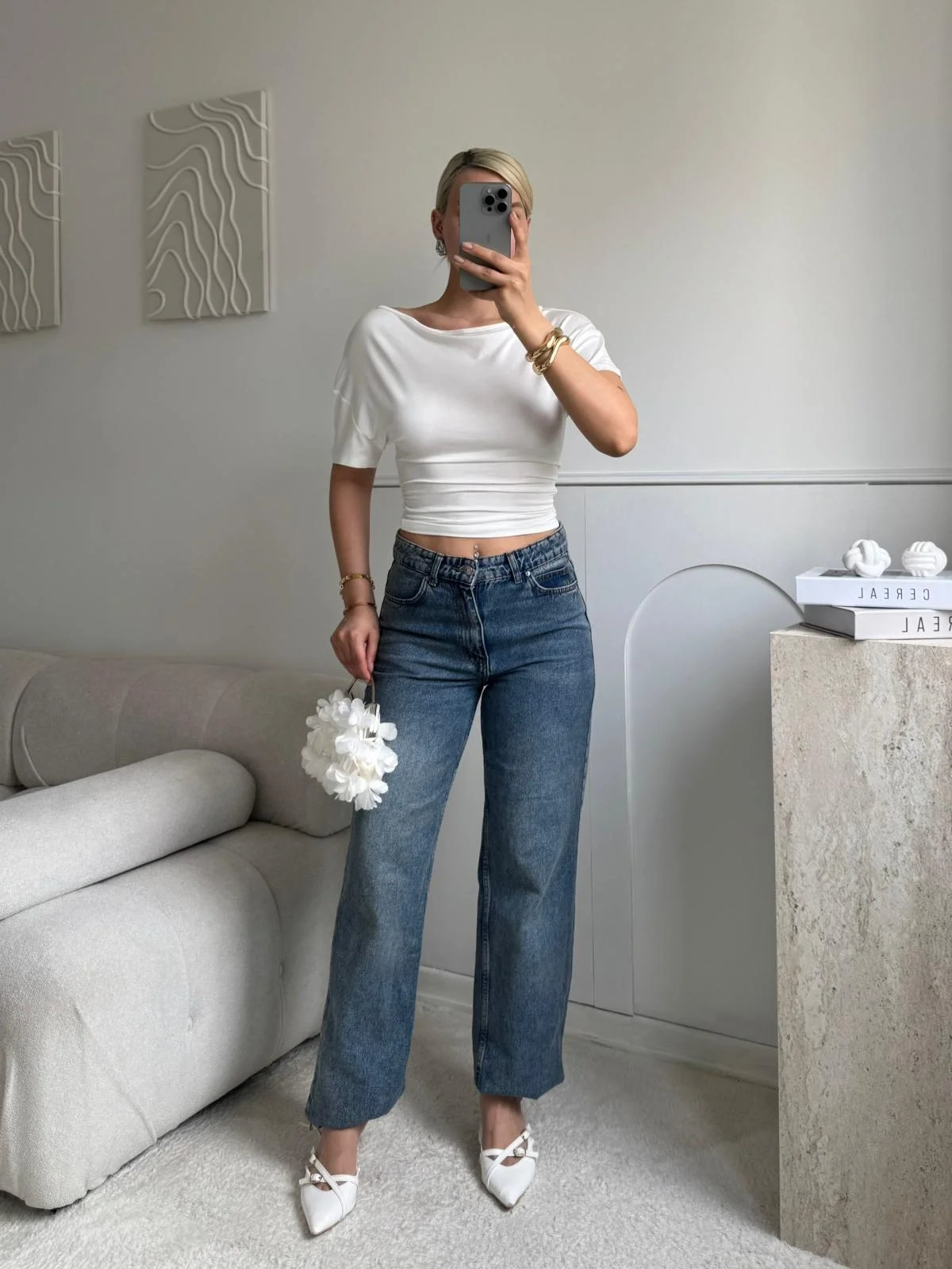 Kayık Yaka Bluz - BEYAZ