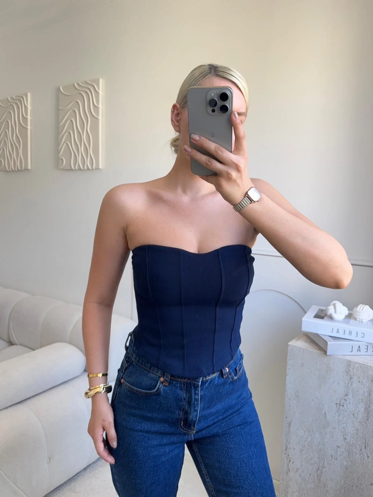 Biyeli Straplez Crop - LACİVERT