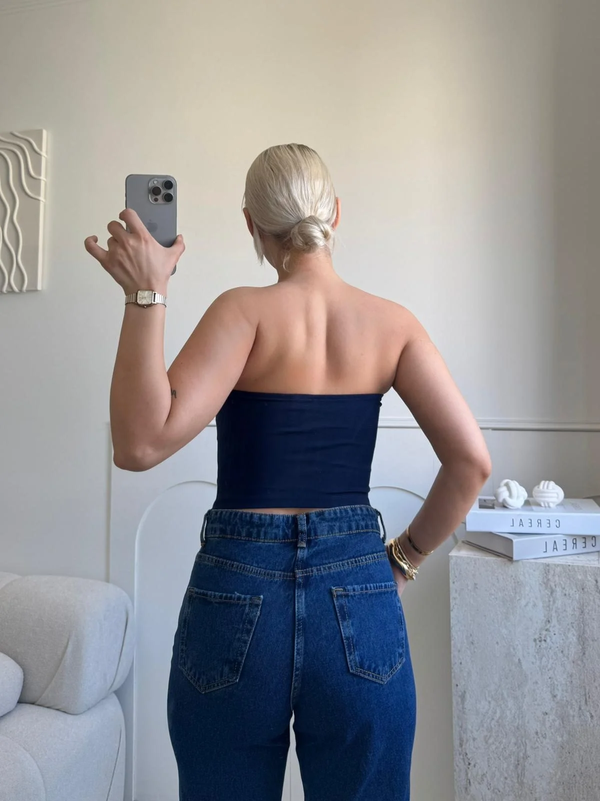 Biyeli Straplez Crop - LACİVERT