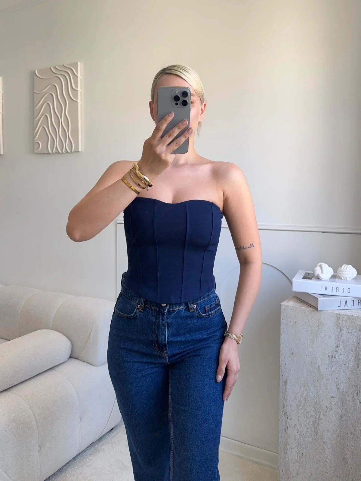 Biyeli Straplez Crop - LACİVERT