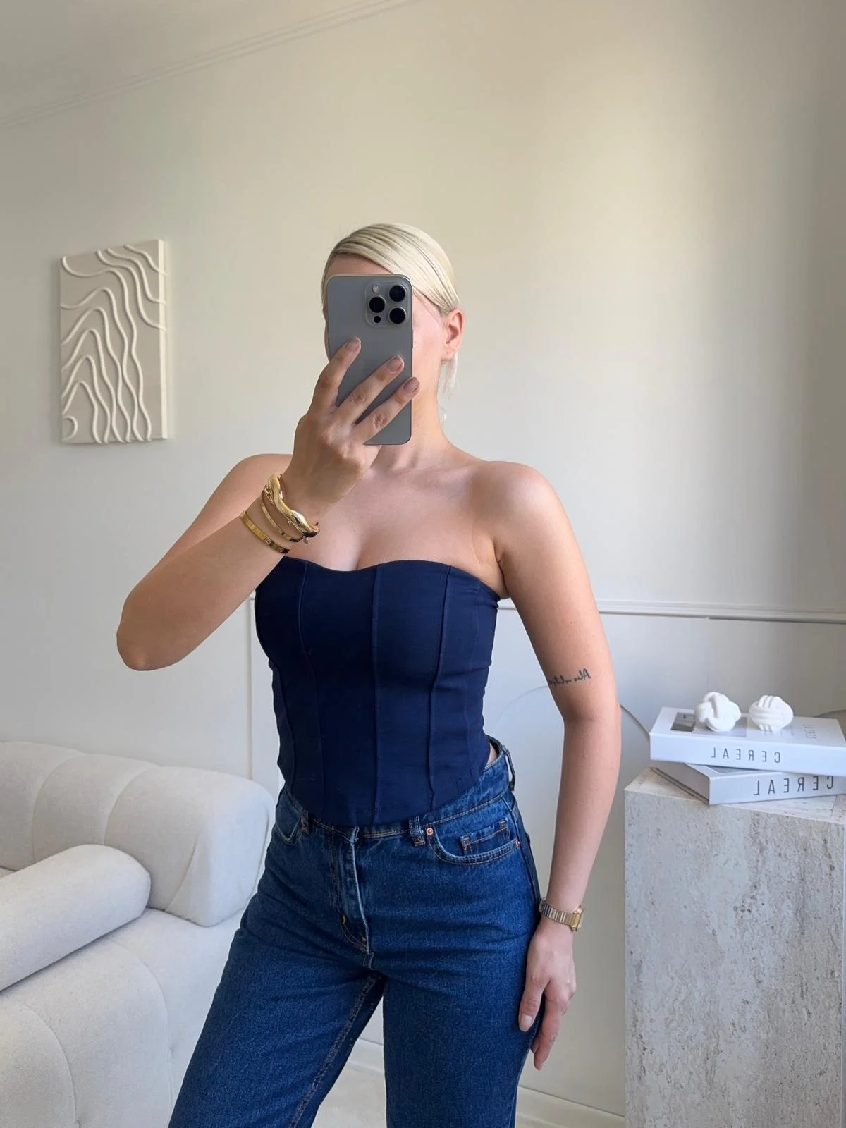 Biyeli Straplez Crop - LACİVERT