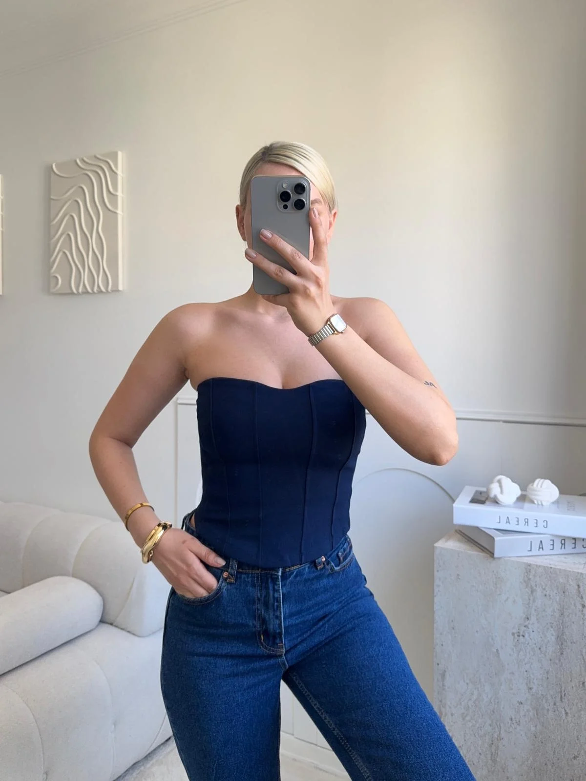 Biyeli Straplez Crop - LACİVERT